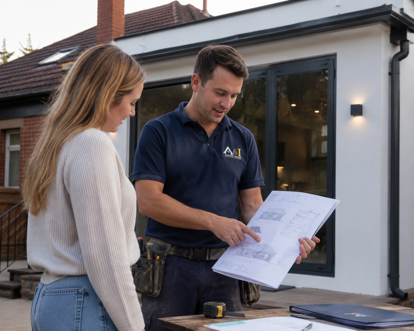 Second storey home extension under construction at dusk